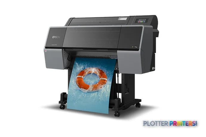 Epson SureColor P7570 large format printer product image showing black and grey inkjet printer with blue water photo printing