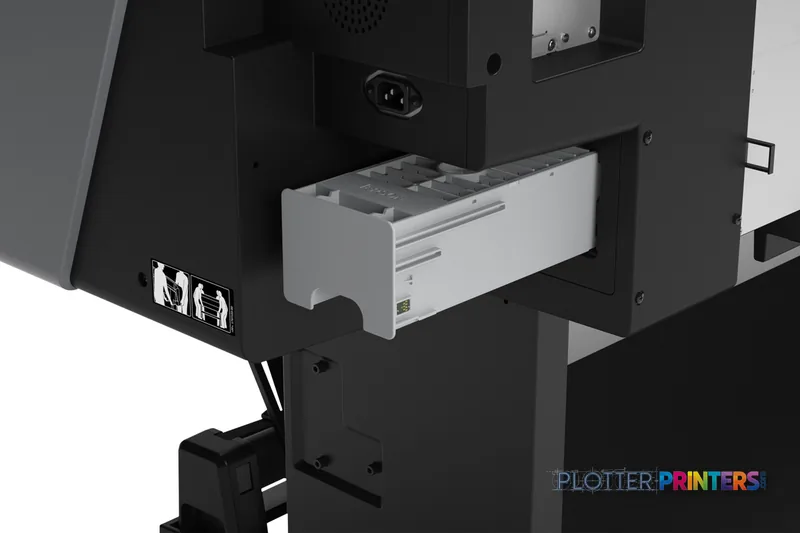 Epson SureColor P7570 product image showing open ink cartridge compartment with grey and black housing
