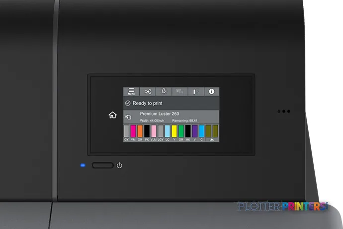 Epson SureColor P7570 product image showing front control panel with touchscreen display and power button