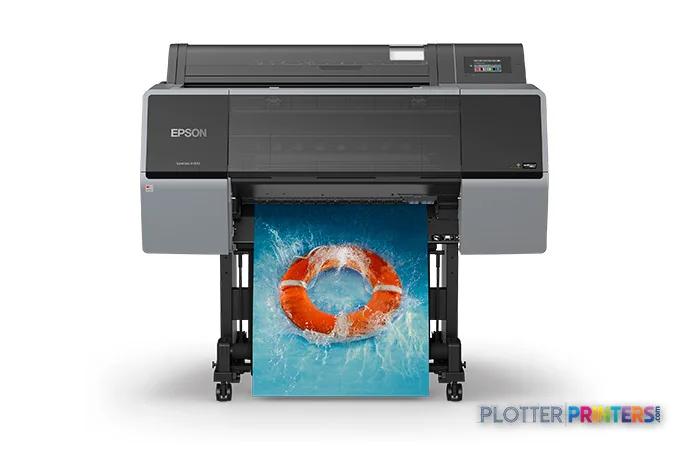 Epson SureColor P7570 large format printer product image showing black and grey inkjet printer with colorful photo output