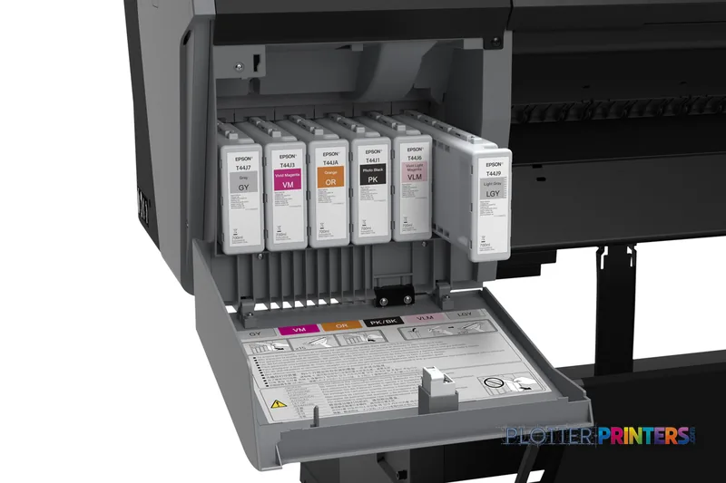 Epson SureColor P7570 product image showing open ink cartridge bay with multiple colored ink tanks installed