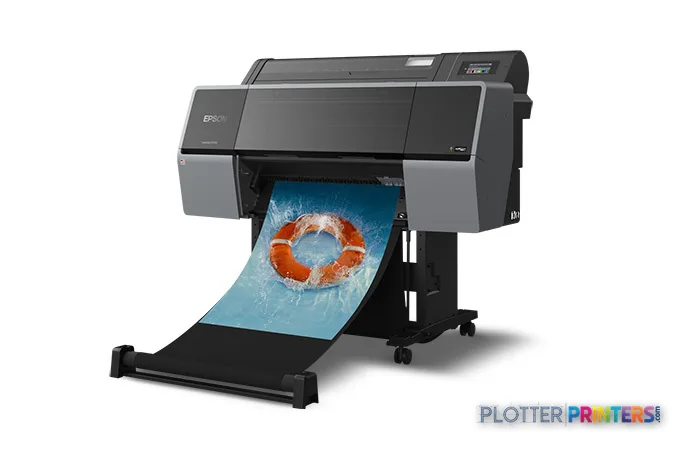 Epson SureColor P7570 large-format inkjet printer product image showing black and grey unit with blue print output