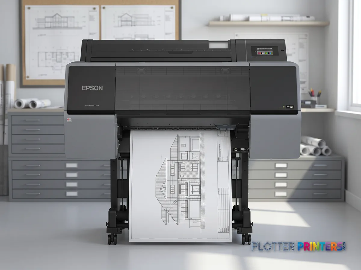 Epson SureColor P7570 large format printer Inkjet Colour 2400 x 1200 DPI Ethernet LAN in a plan room beside flat-file drawers, printing a CAD elevation (staged scene from manufacturer product photography)
