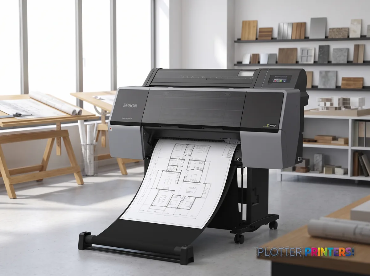 Epson SureColor P7570 large format printer Inkjet Colour 2400 x 1200 DPI Ethernet LAN in a bright architecture studio, printing a large floor plan (staged scene from manufacturer product photography)