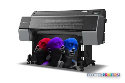 Epson SureColor P9570 large format printer product image showing black inkjet printer with colorful print sample
