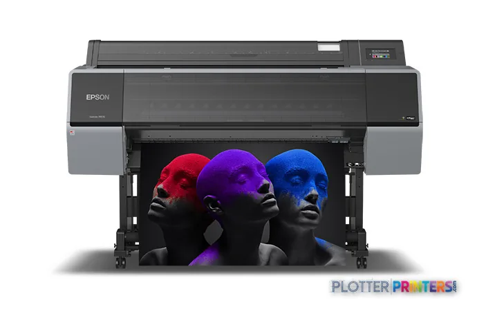 Epson SureColor P9570 large format printer product image showing black inkjet printer with colorful output