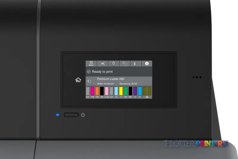Epson SureColor P9570 product image showing black printer with touchscreen display indicating ready to print status