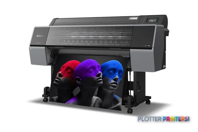 Epson SureColor P9570 large format printer product image showing black inkjet printer with colorful print sample