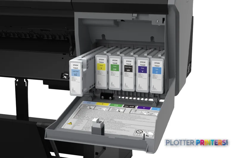 Epson SureColor P9570 product image showing open ink cartridge bay with six color cartridges installed