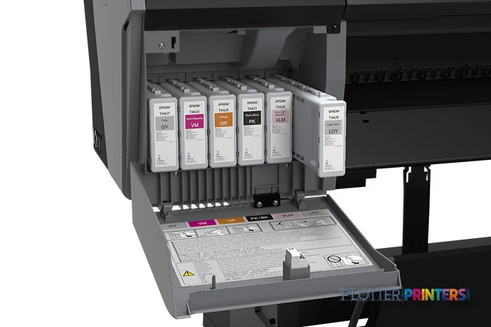 Epson SureColor P9570 product image showing open ink cartridge bay with multiple colored ink tanks installed