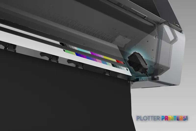 Epson SureColor P9570 large format printer product image showing color test output with black paper feed