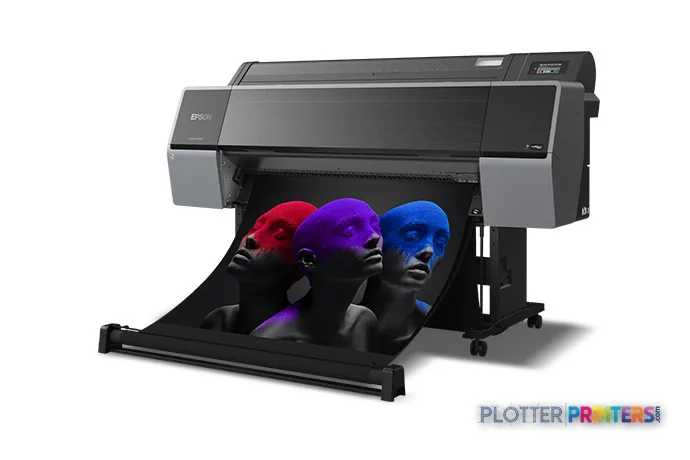 Epson SureColor P9570 large format printer product image showing black inkjet printer with colorful output