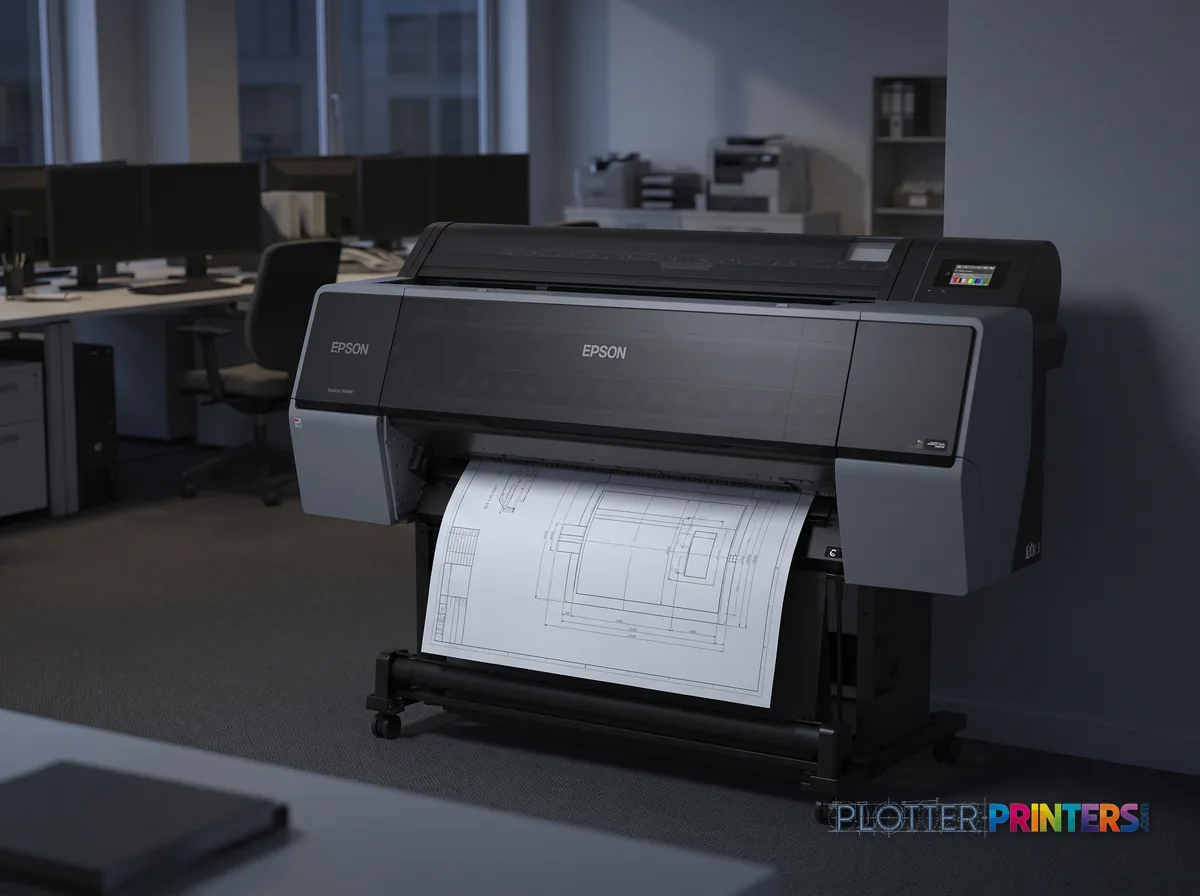 Epson SureColor P9570 large format printer Inkjet Colour 2400 x 1200 DPI Ethernet LAN in an engineering office with a technical drawing at its print slot (staged scene from manufacturer product photography)