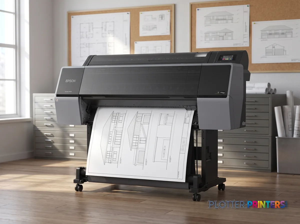 Epson SureColor P9570 large format printer Inkjet Colour 2400 x 1200 DPI Ethernet LAN in a plan room beside flat-file drawers, printing a CAD elevation (staged scene from manufacturer product photography)