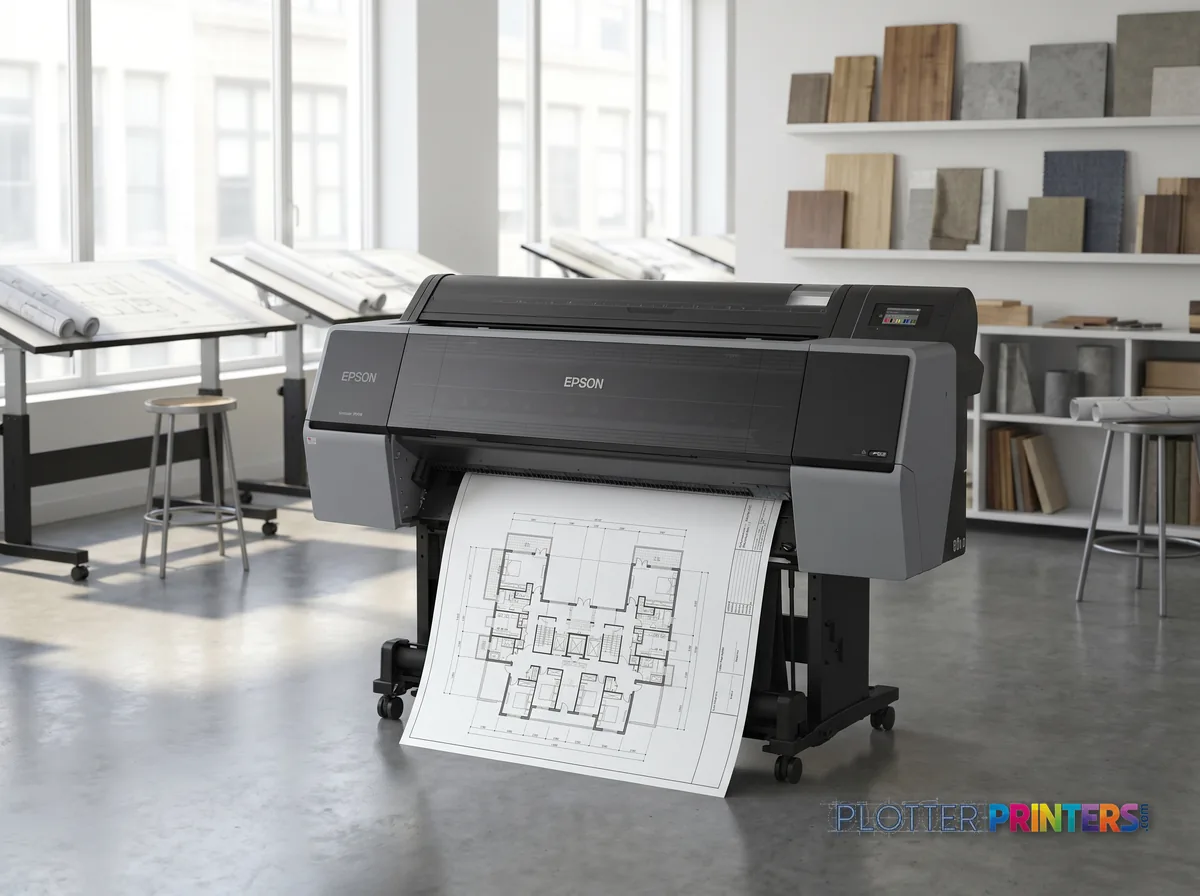 Epson SureColor P9570 large format printer Inkjet Colour 2400 x 1200 DPI Ethernet LAN in a bright architecture studio, printing a large floor plan (staged scene from manufacturer product photography)