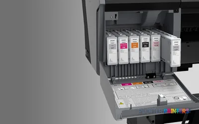 Epson SureColor SC-P7500 product image showing open ink cartridge bay with multiple colored ink cartridges installed