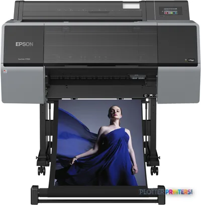 Epson SureColor SC-P7500 large-format inkjet printer with a portrait print output showing a woman in blue fabric