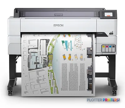 Epson SureColor T5475 large format printer product image showing front view with architectural plan output