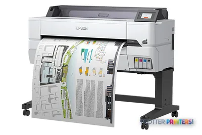 Epson SureColor T5475 large format printer product image showing white and grey inkjet printer with roll feed and color outp…