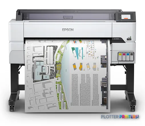 Epson SureColor T5475 large format printer product image showing front view with architectural plan output