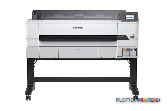 Epson SureColor T5475 large format printer product image showing white and black inkjet printer on stand with control panel