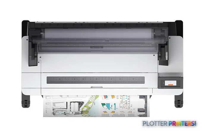 Epson SureColor T5475 large format printer product image showing top view with white and black chassis and open paper feed a…