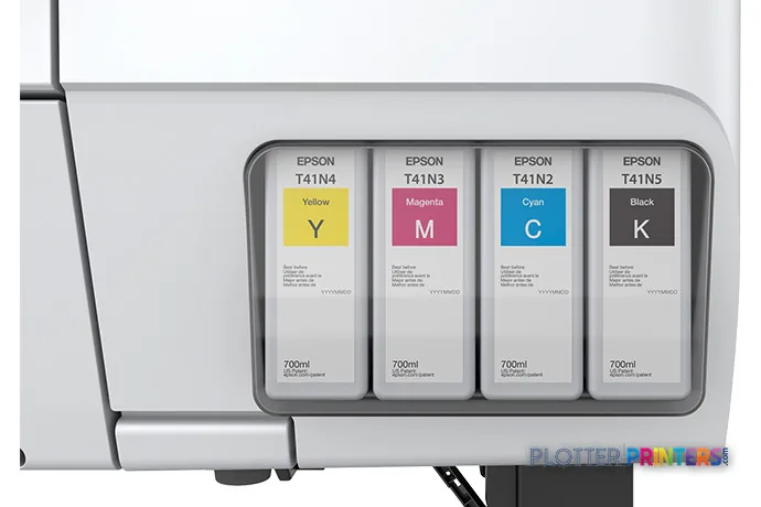 Epson SureColor T5475 product image showing four ink cartridges in yellow, magenta, cyan, and black