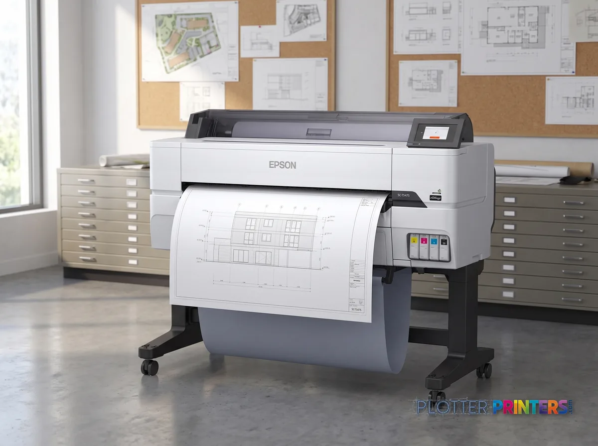 Epson SureColor T5475 large format printer Wi-Fi Inkjet Colour 2400 x 1200 DPI 914 x 1897 mm Ethernet LAN in a plan room beside flat-file drawers, printing a CAD elevation (staged scene from manufacturer product photography)