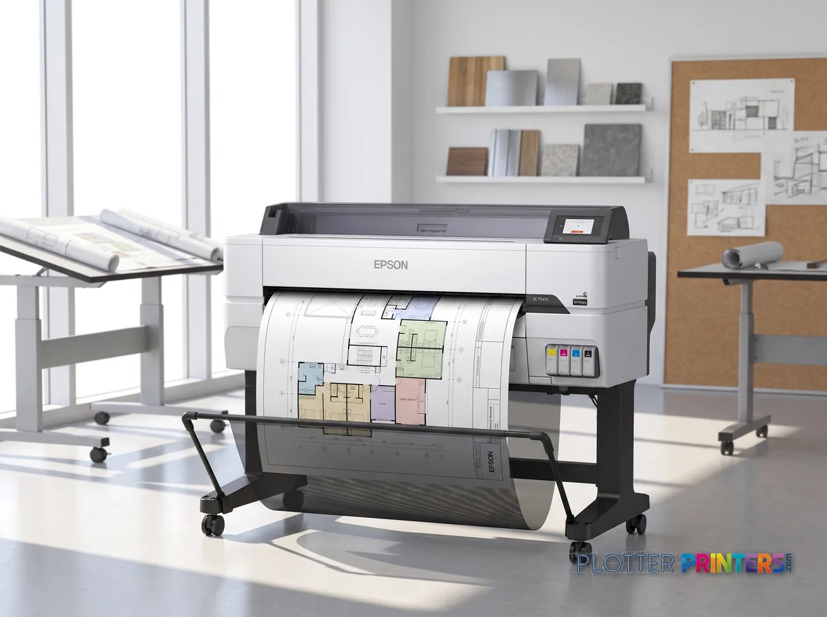 Epson SureColor T5475 large format printer Wi-Fi Inkjet Colour 2400 x 1200 DPI 914 x 1897 mm Ethernet LAN in a bright architecture studio, printing a large floor plan (staged scene from manufacturer product photography)