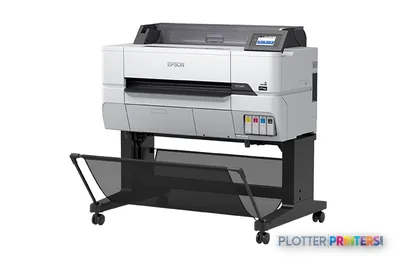 Epson T3475 large format printer product image showing white inkjet printer on black stand with wheels