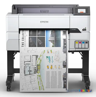 Epson T3475 large format printer front view showing white inkjet printer with paper output and ink cartridges