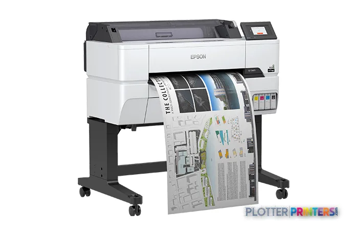 Epson T3475 large format printer product image showing white inkjet printer on black stand with sample print output