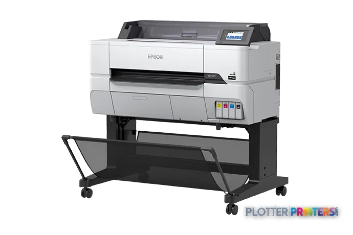 Epson T3475 large format printer product image showing white inkjet printer on black stand with wheels