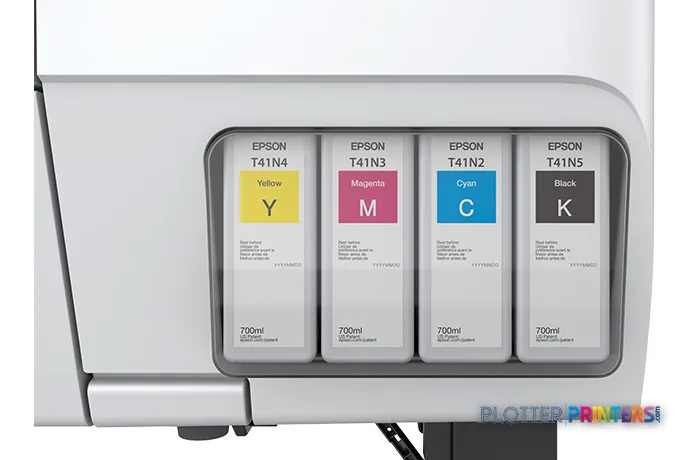 Epson T3475 printer product image showing four ink cartridges in yellow, magenta, cyan, and black