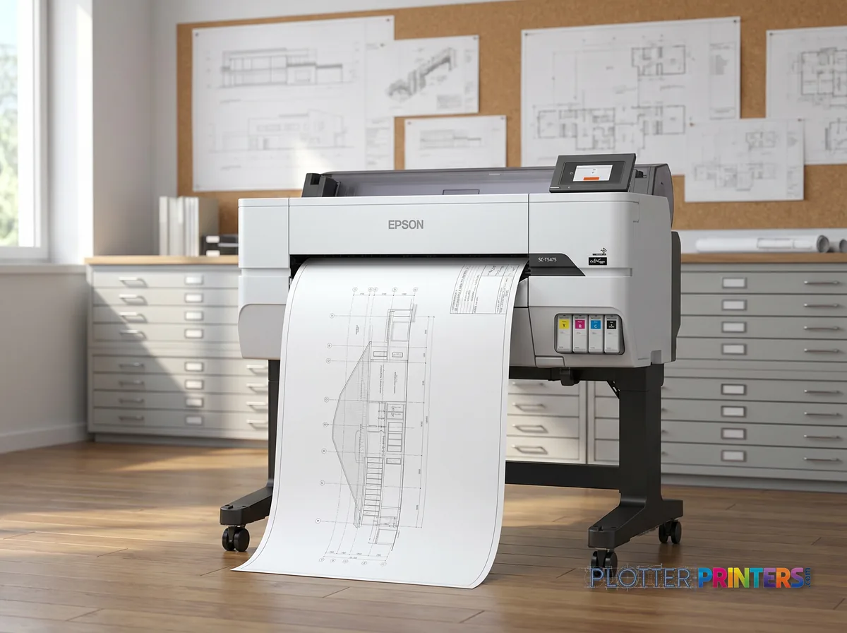 Epson T3475 large format printer Wi-Fi Inkjet Colour 2400 x 1200 DPI Ethernet LAN in a plan room beside flat-file drawers, printing a CAD elevation (staged scene from manufacturer product photography)
