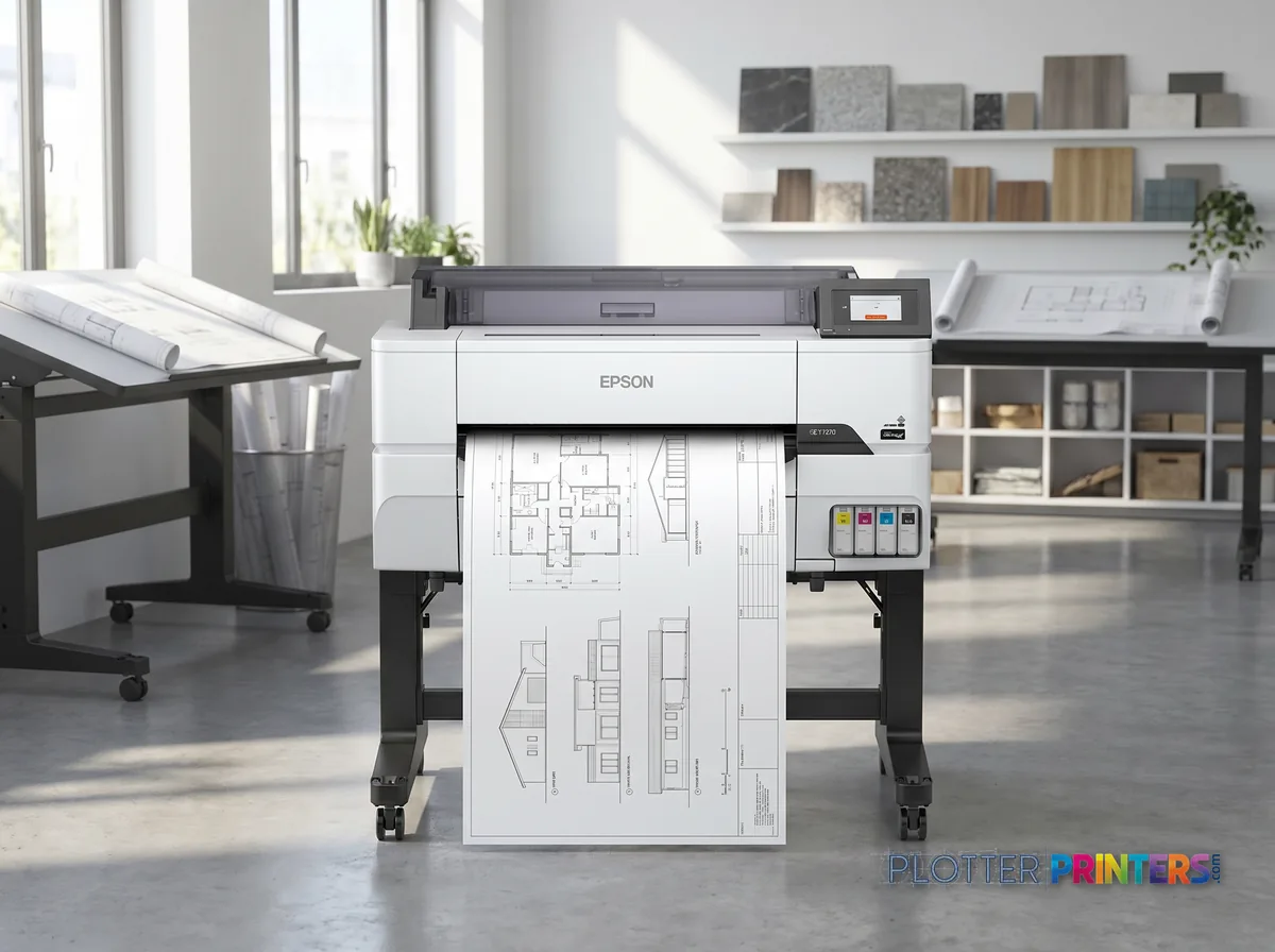 Epson T3475 large format printer Wi-Fi Inkjet Colour 2400 x 1200 DPI Ethernet LAN in a bright architecture studio, printing a large floor plan (staged scene from manufacturer product photography)