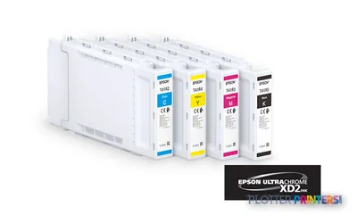 Epson SureColor SC-T3405 ink cartridge set showing cyan, yellow, magenta, and black UltraChrome XD2 cartridges