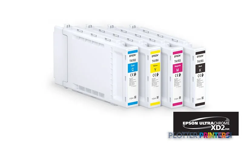 Epson SureColor SC-T3405 ink cartridges shown in cyan, yellow, magenta, and black