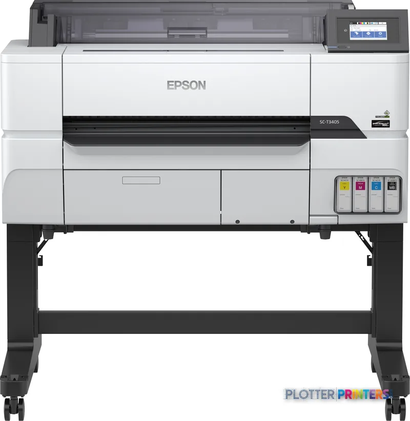 Epson SureColor SC-T3405 large format printer product image showing white and black inkjet printer on stand with control pan…