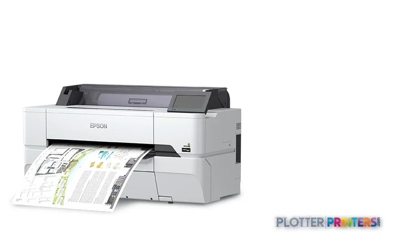 Epson SureColor SC-T3405N large format printer product image showing white inkjet printer with paper output