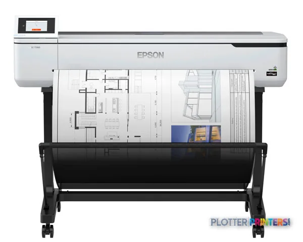 Epson SureColor T5160 large-format printer product image showing front view with architectural drawings printed on paper
