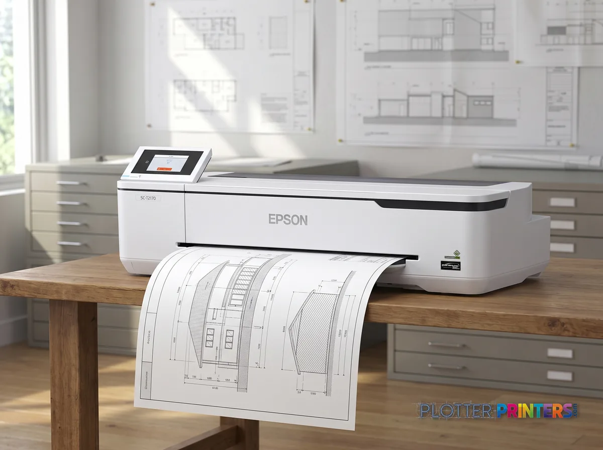 Epson T2170 large format printer Wi-Fi Inkjet Colour 2400 x 1200 DPI Ethernet LAN in a plan room beside flat-file drawers, printing a CAD elevation (staged scene from manufacturer product photography)