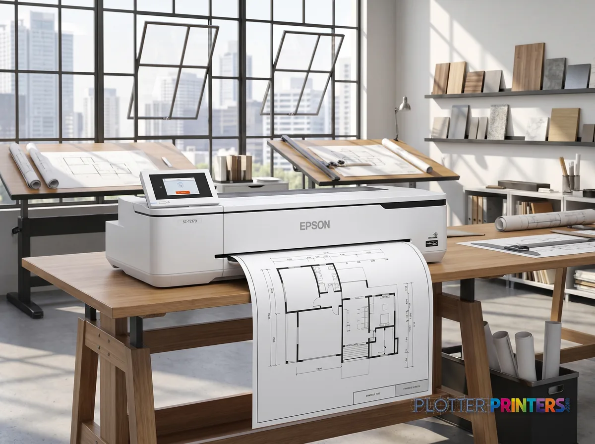 Epson T2170 large format printer Wi-Fi Inkjet Colour 2400 x 1200 DPI Ethernet LAN in a bright architecture studio, printing a large floor plan (staged scene from manufacturer product photography)
