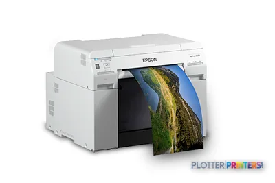 Epson SureLab D870 large-format inkjet printer in white with a color landscape photo printing