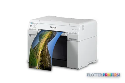 Epson SureLab D870 large-format inkjet printer in white with a colorful landscape photo printing
