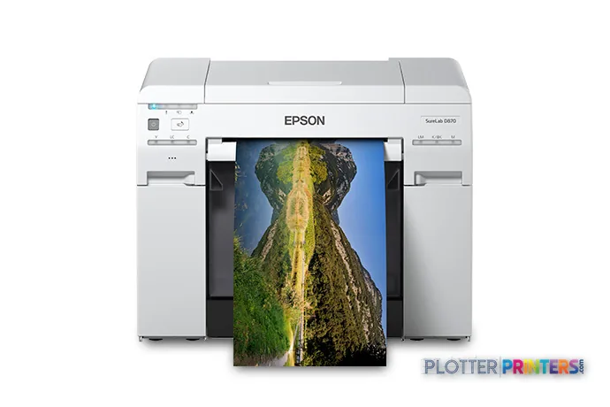 Epson SureLab D870 large-format inkjet printer in white with a landscape photo printing from the front