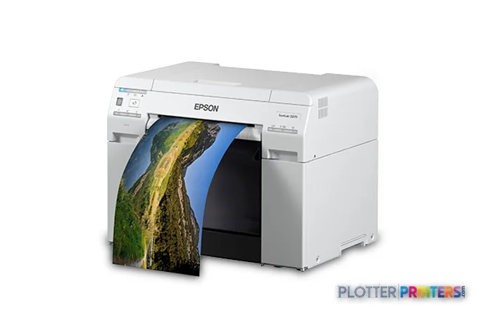 Epson SureLab D870 large-format inkjet printer in white with a colorful landscape photo printing