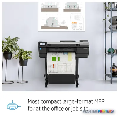 HP DesignJet T830 24-in Multifunction Printer in office setting with architectural drawings printing