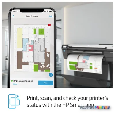 HP DesignJet T830 24-in printer with mobile app preview showing architectural floor plan print job on smartphone screen