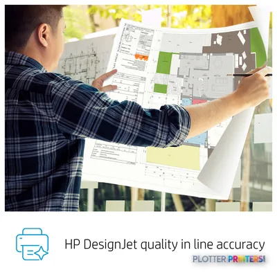 HP DesignJet T830 24-in Multifunction Printer feature callout showing large-format architectural plans with color markup bei…